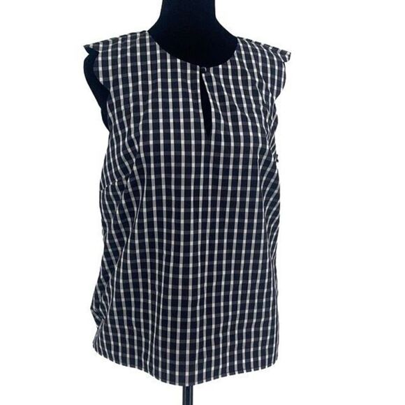 1901 Sleeveless Navy Buffalo Plaid Sleeveless Scalloped Top Blouse Small NWOT - Picture 1 of 10